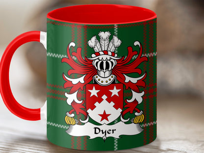 Dyer Surname Coat of Arms on Tartan Background Mug - Living Stone Gifts