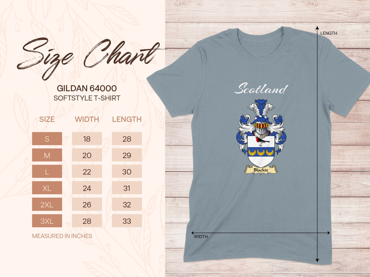 Gildan 64000 size chart for Blackie Scottish family shield T-shirt