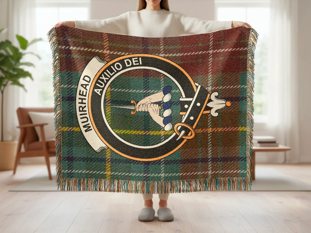 Muirhead Auxilio Dei clan crest tartan woven blanket — cotton throw with fringe edge