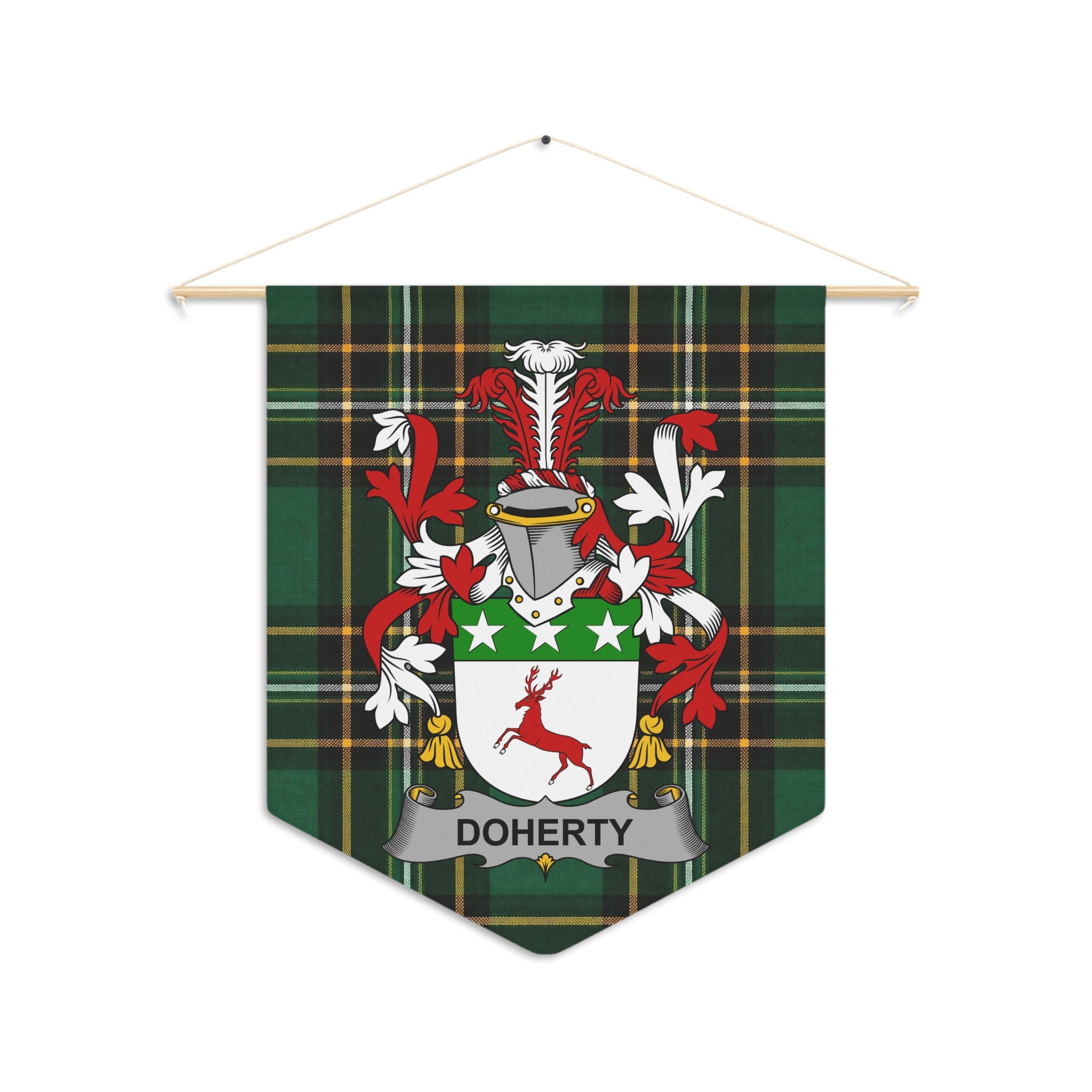 Doherty family crest on a green tartan banner suspended by a wooden rod.