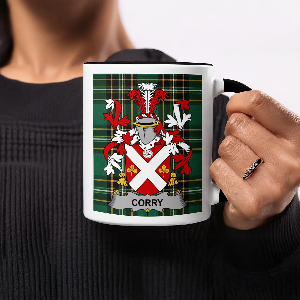 Corry heritage mug featuring the family crest, black handle and tartan design.