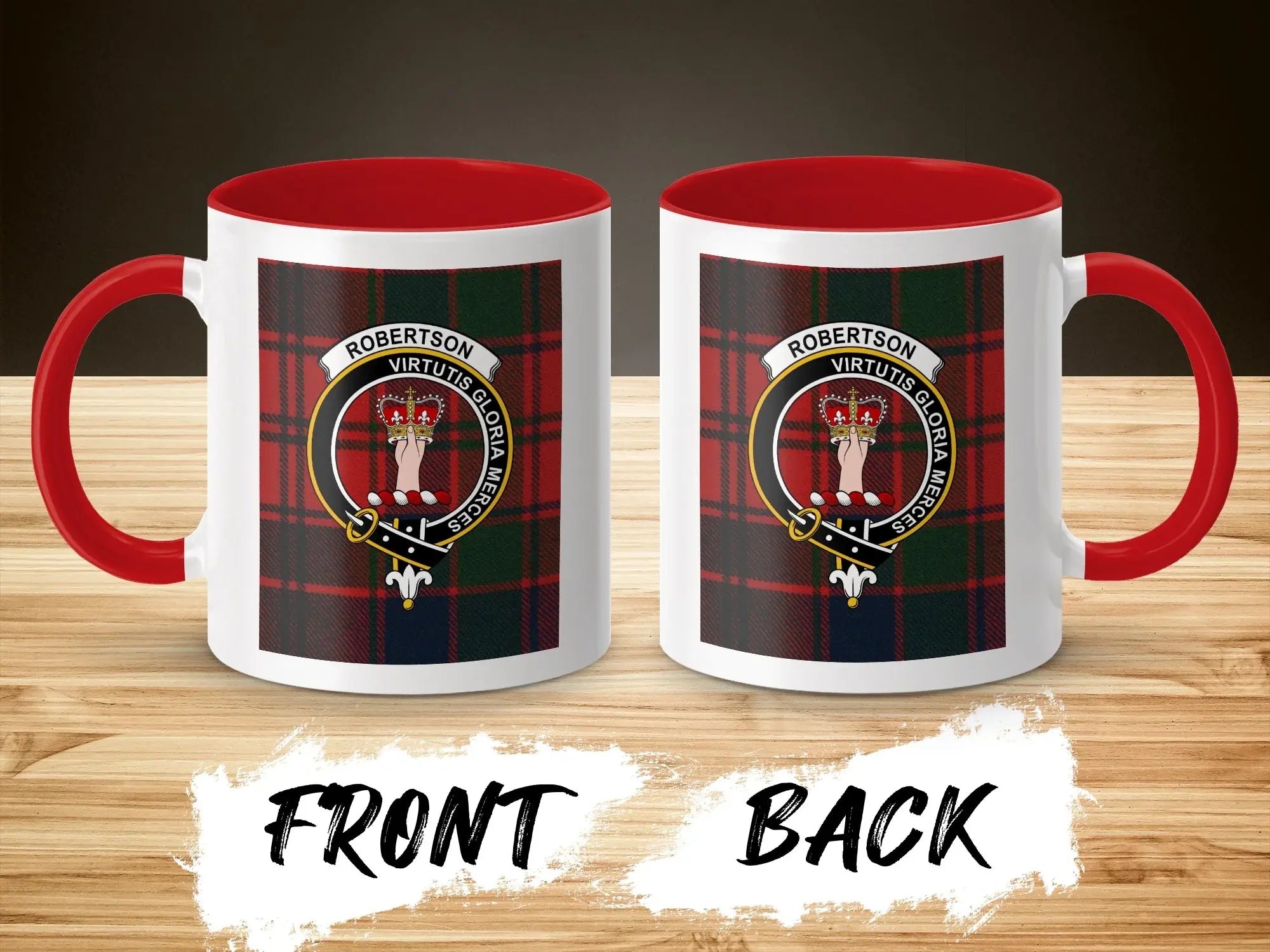 Clan Robertson red plaid mug with black handle — coat of arms, 15oz