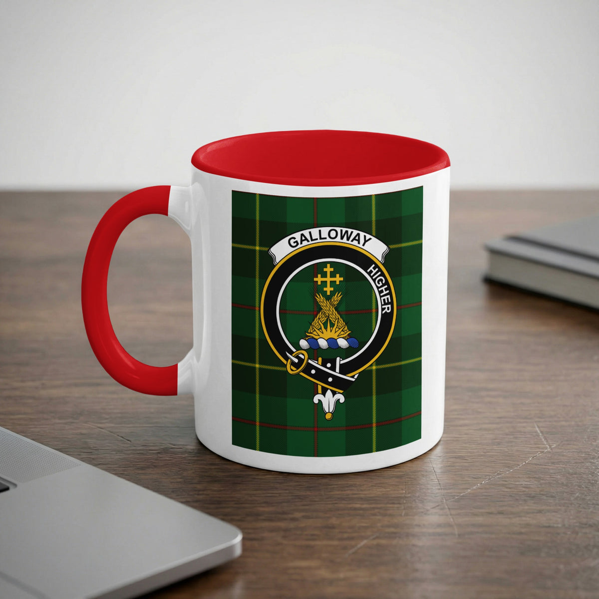 Galloway Scottish heritage crest artwork on an 11 oz red accent mug with a tartan background