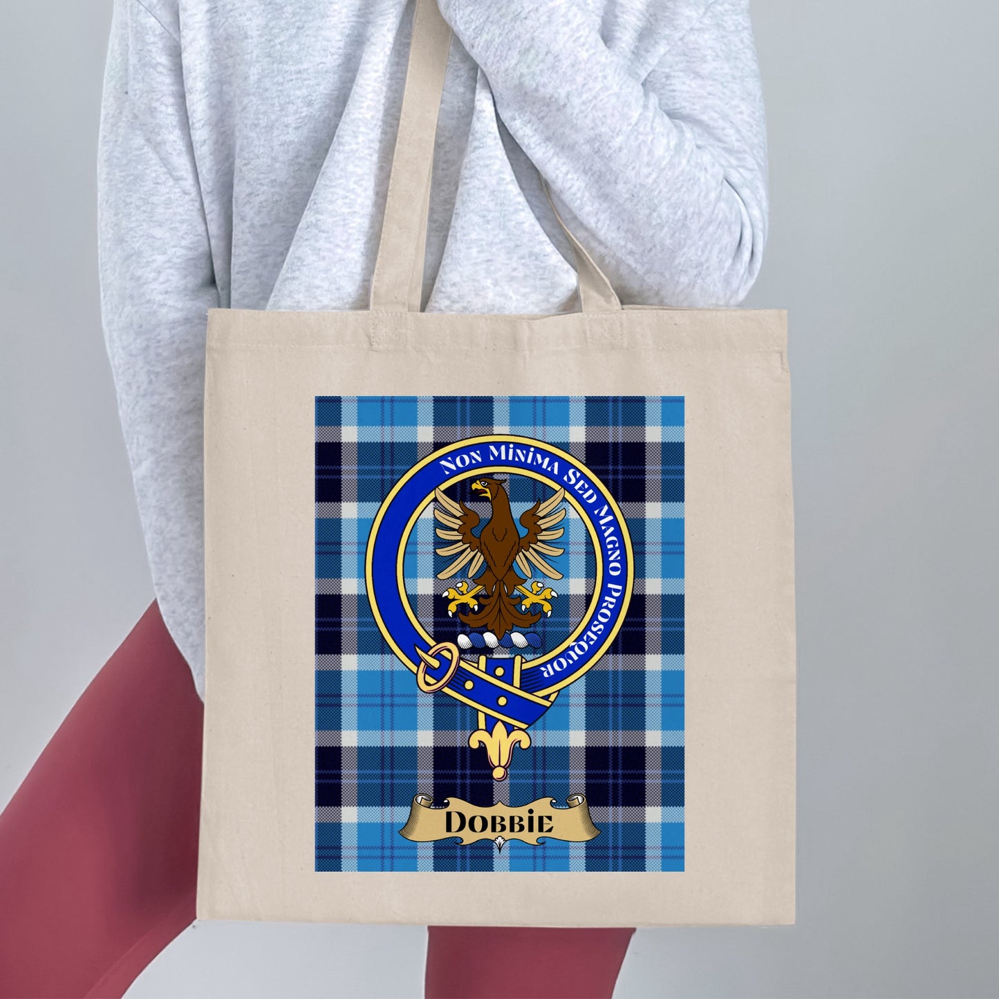 Dobbie Clan Crest Blue Tartan Scottish Tote Bag - Living Stone Gifts