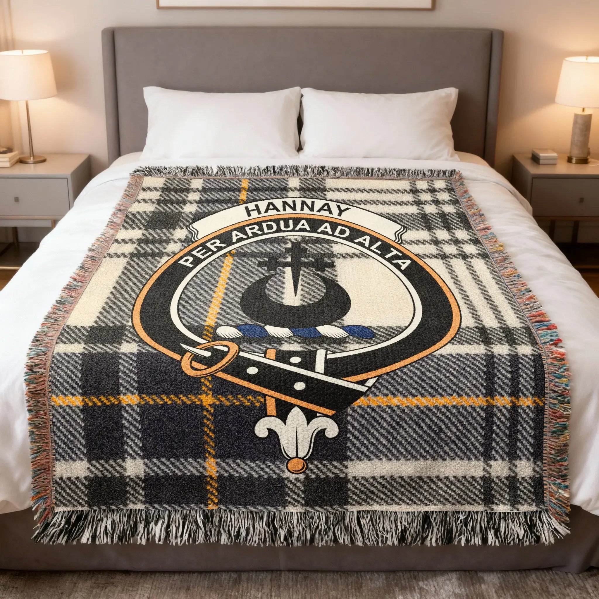 Clan Hannay woven tartan blanket — full view showing clan crest and fringe edge