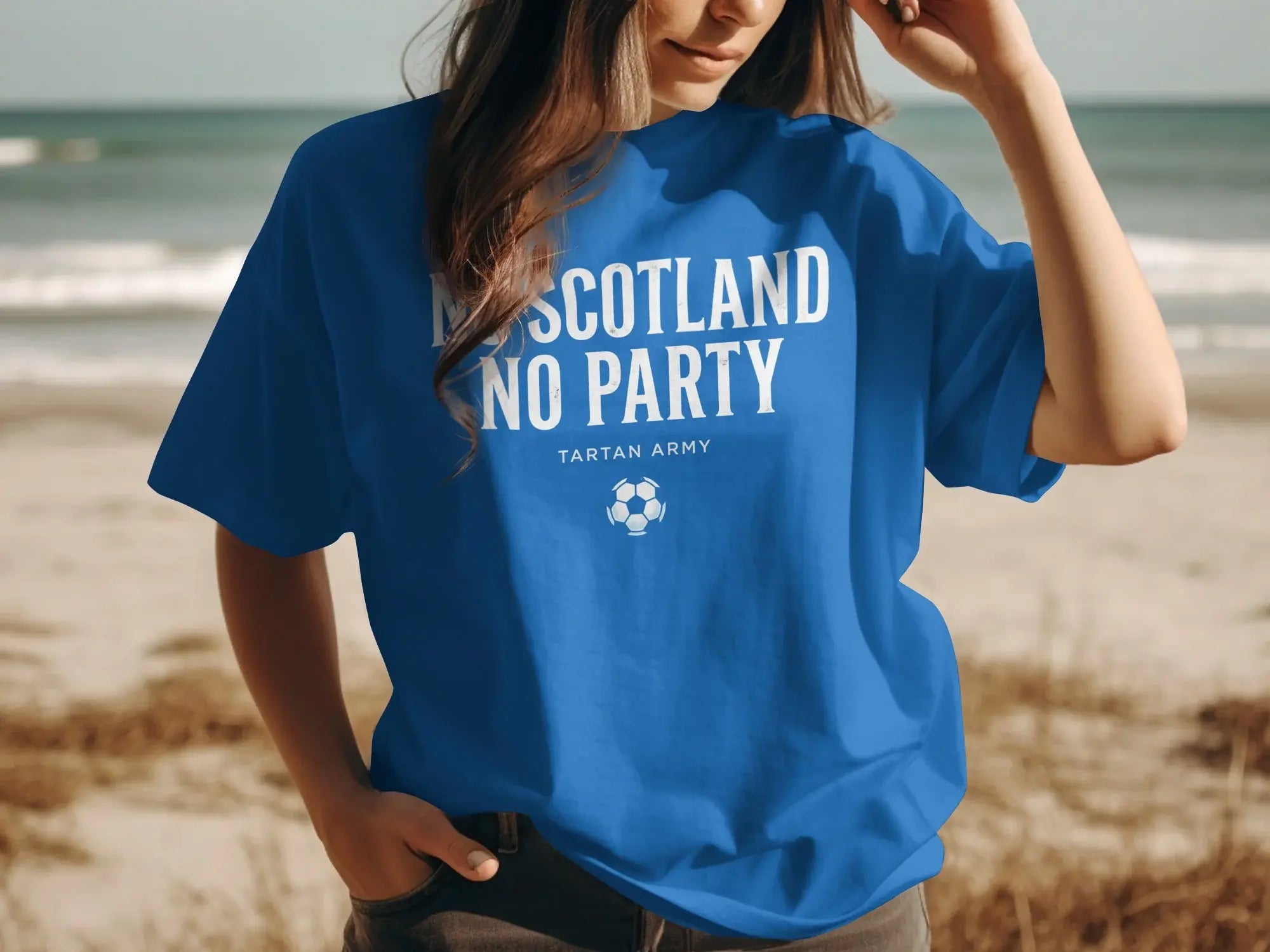 Blue t-shirt with "SCOTLAND NO PARTY TARTAN ARMY" and a soccer ball.