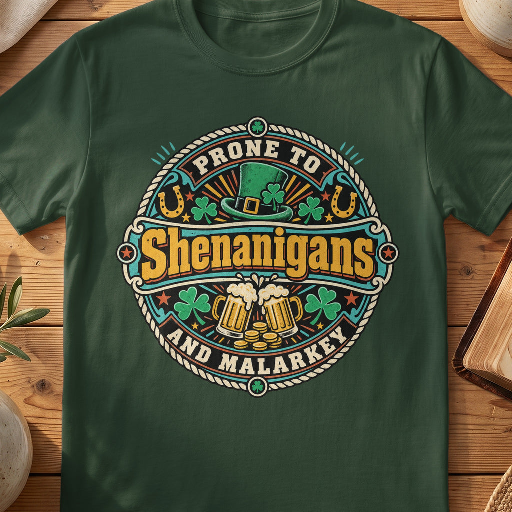 Green T-shirt with “Prone to Shenanigans and Malarkey” St Patrick's Day graphic.