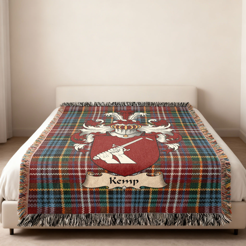 Kemp Scottish family shield woven blanket on a Caledonia tartan background