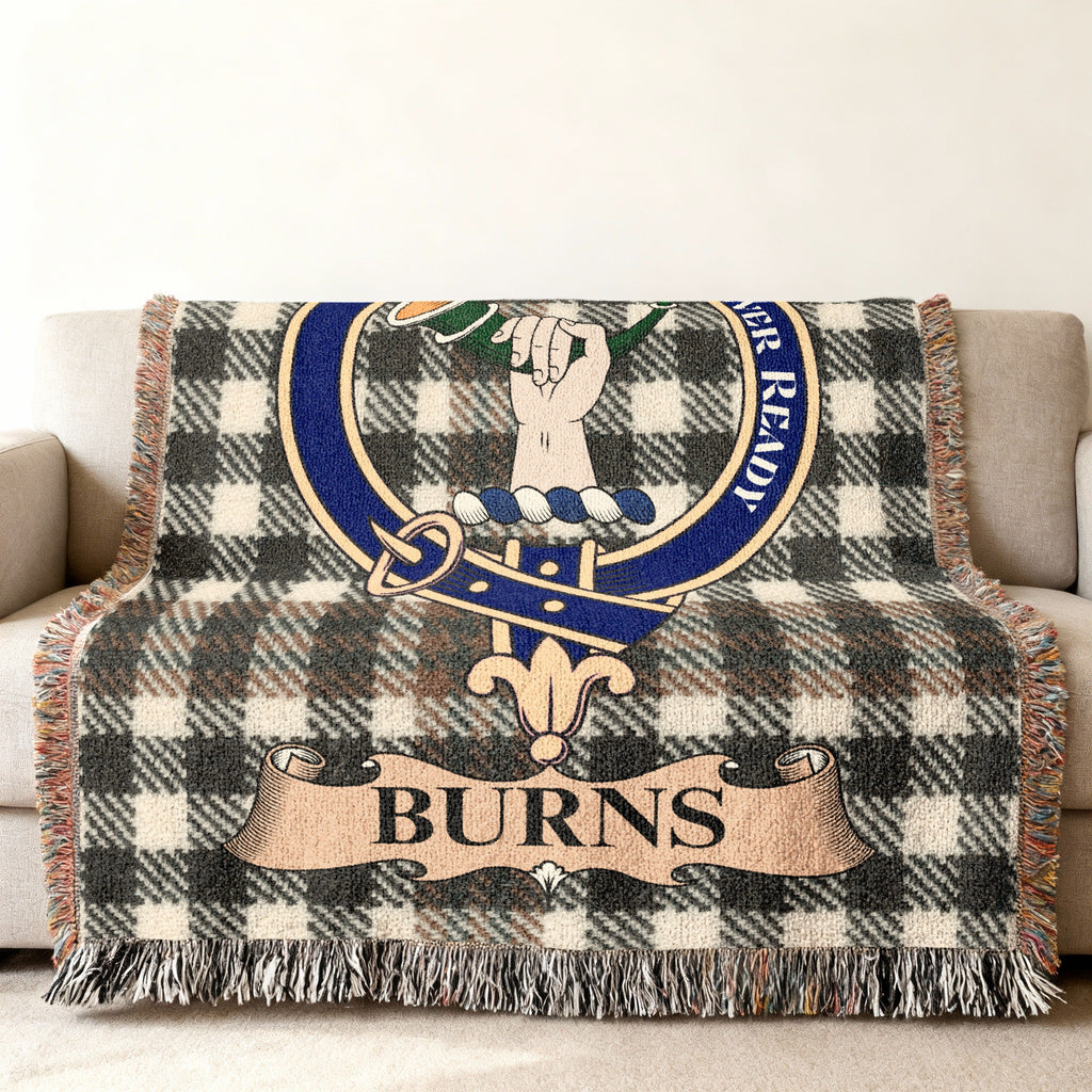 Burns clan tartan throw blanket with crest and name ribbon