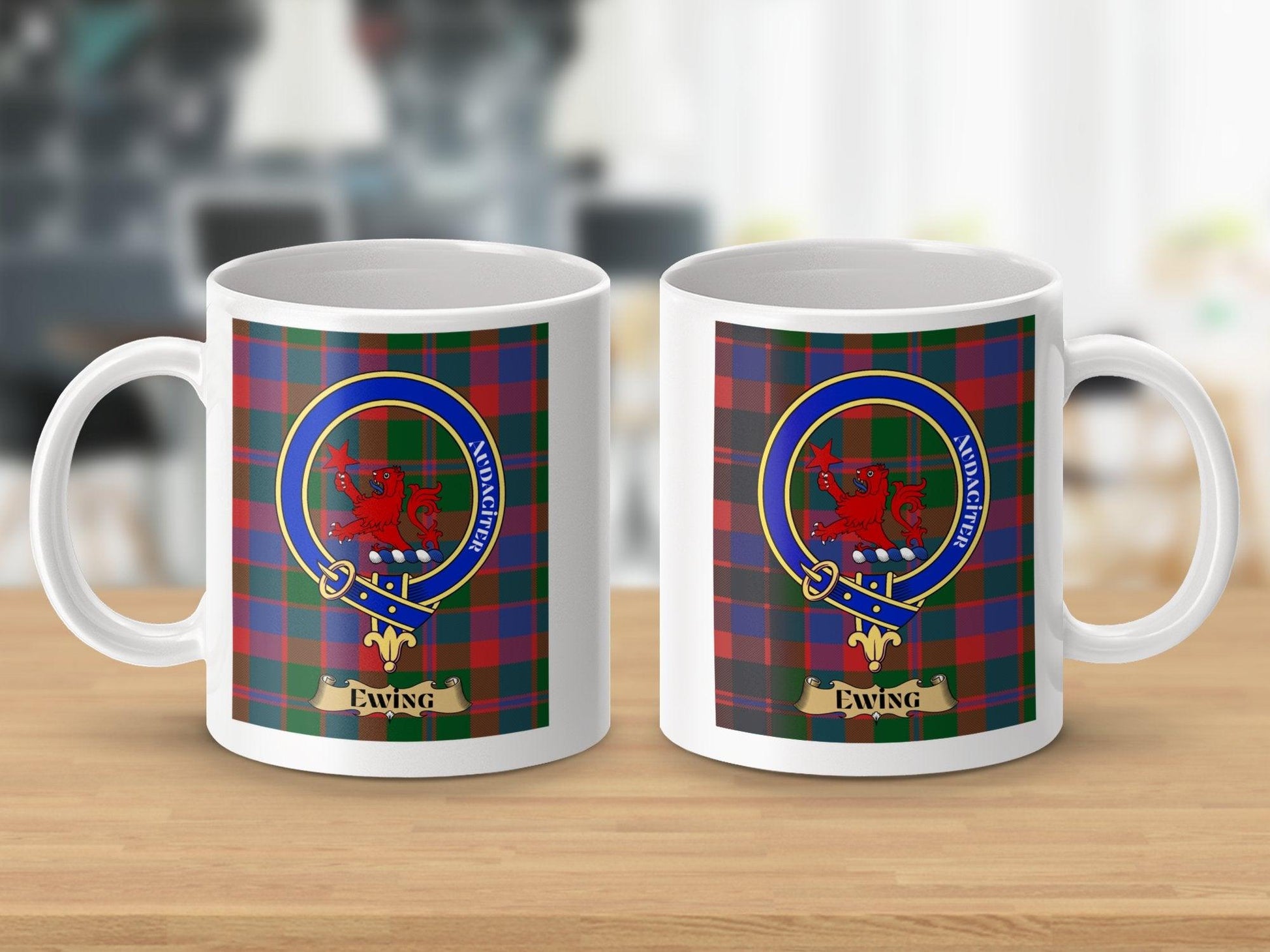 Scottish Clan Tartan Mug with Ewing Crest and Motto - Living Stone Gifts