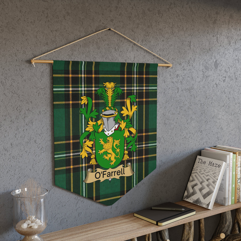 O'Farrell family crest displayed on a green tartan pennant hanging on a wall.