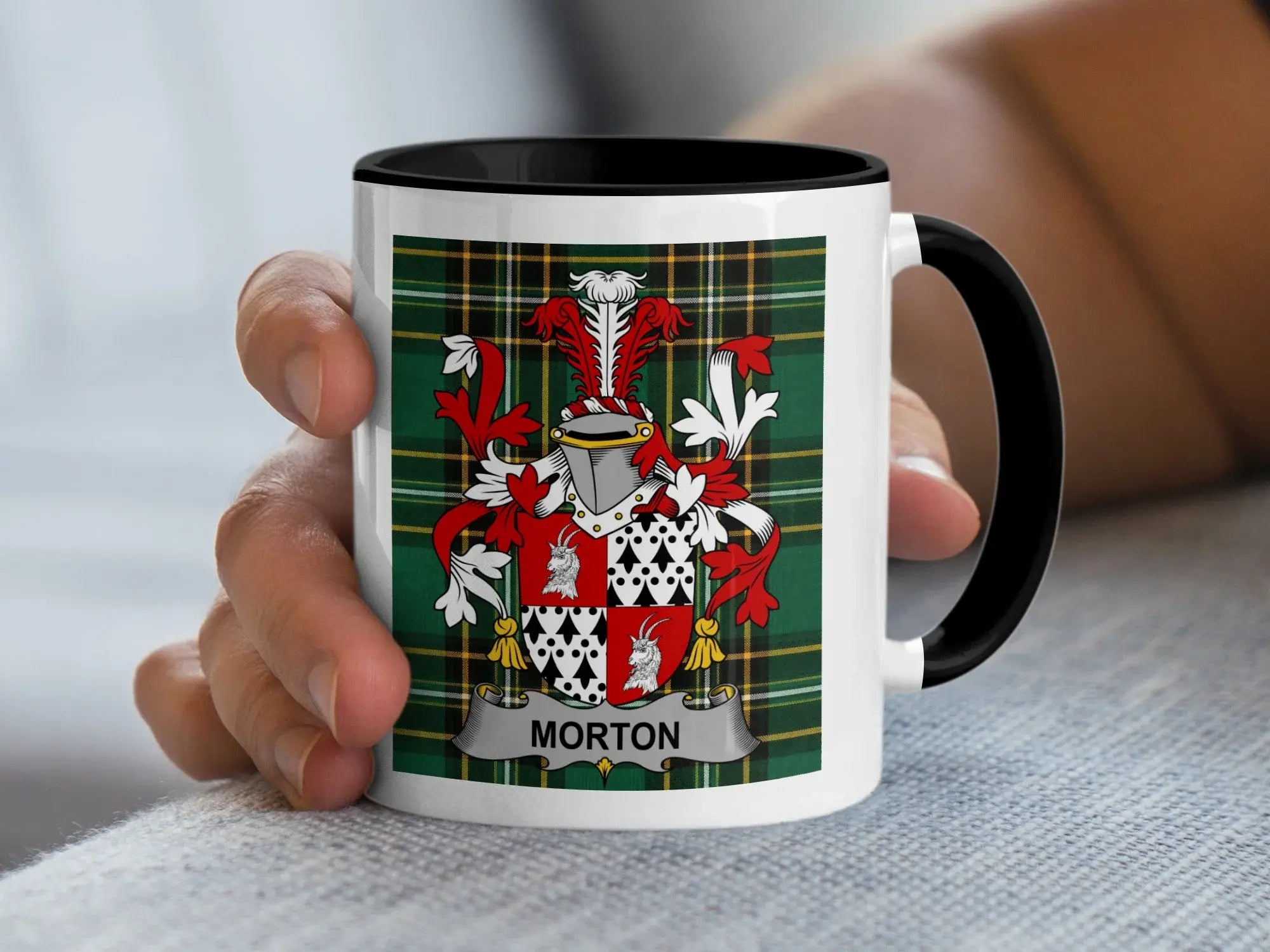 Morton Irish family crest black accent mug
