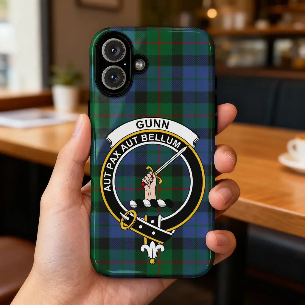 Gunn Aut Pax Aut Bellum tartan pattern phone case — slim profile, precise port cutouts