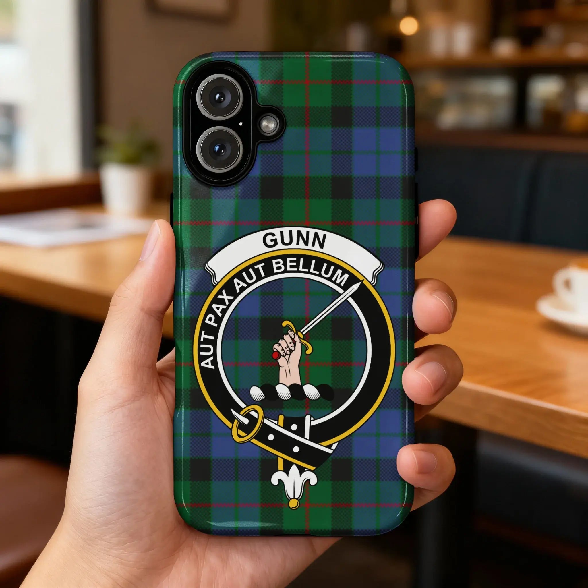 Gunn Aut Pax Aut Bellum tartan pattern phone case — slim profile, precise port cutouts