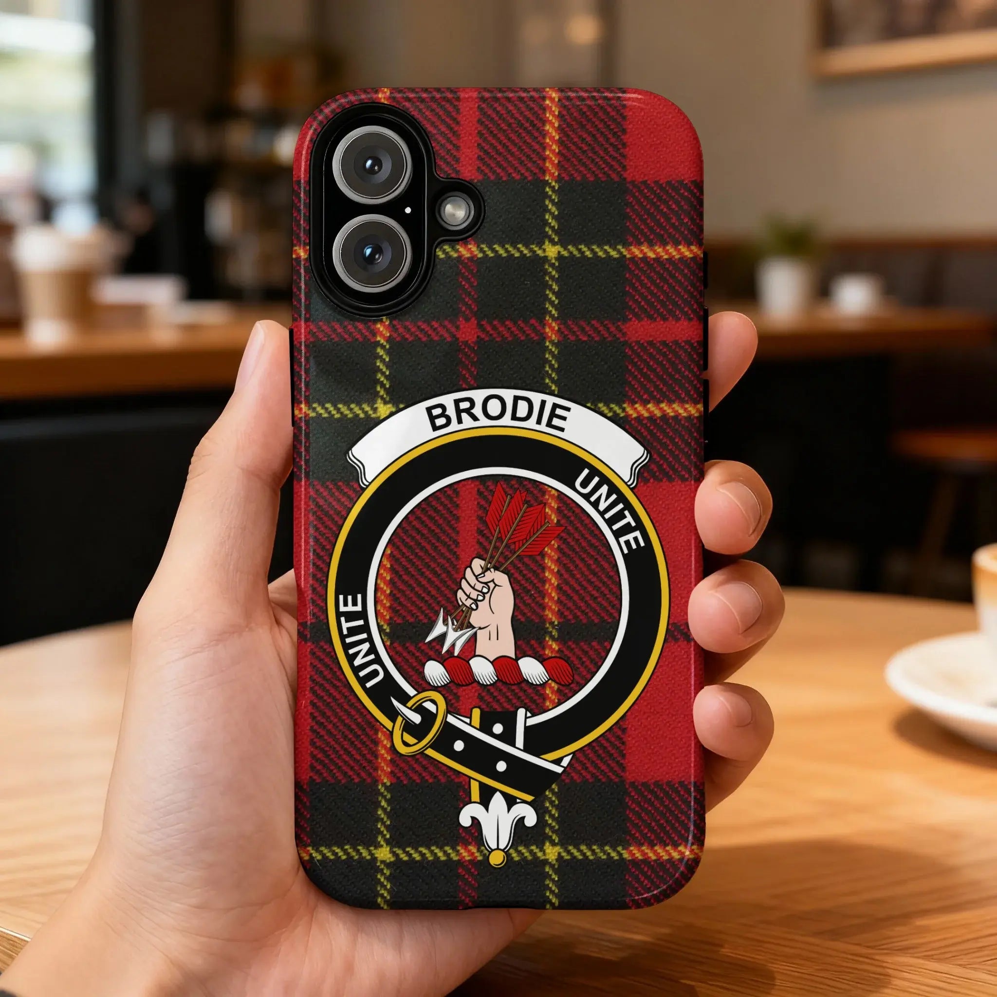 Clan Brodie tartan phone case — glossy finish, Unite crest design, front view