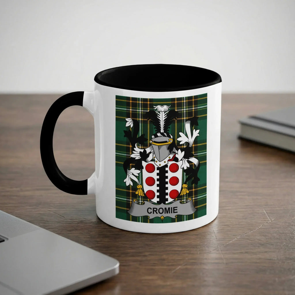 White mug with black handle featuring the Cromie family crest.
