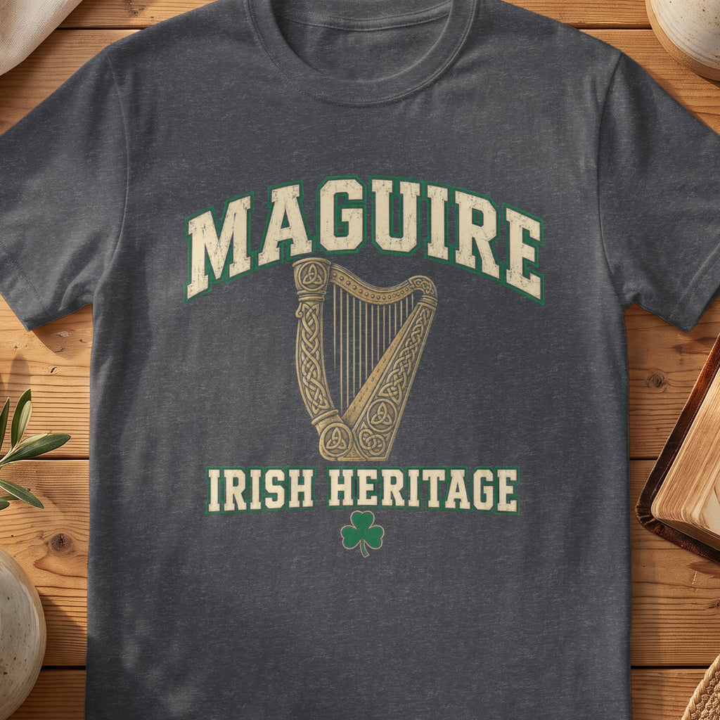 Maguire Irish Heritage dark heather gray Gildan 64000 T-shirt with Celtic harp design