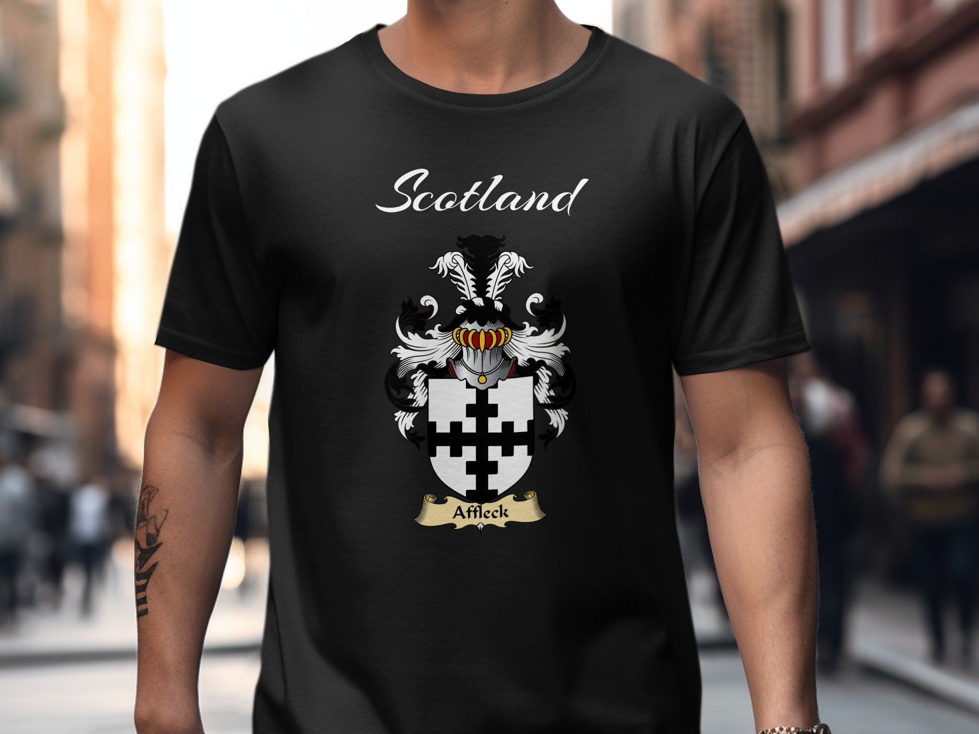 Affleck Scottish family shield design on Black T-shirt