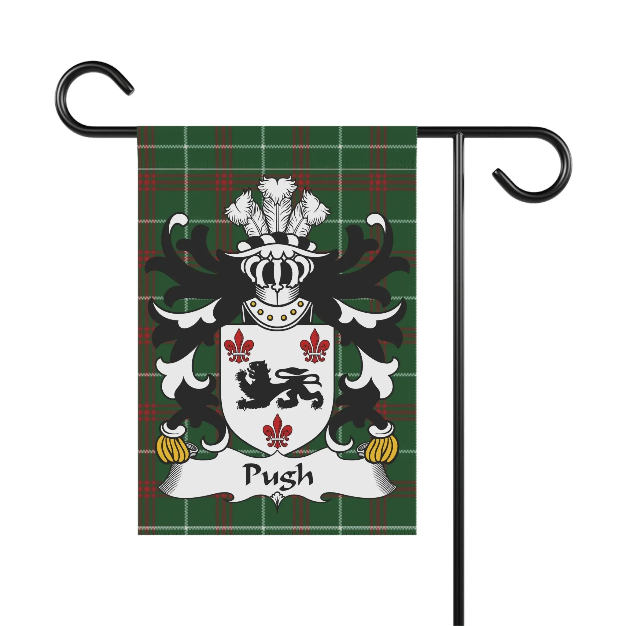 Garden flag with plaid background and the surname "Pugh" in a coat of arms.
