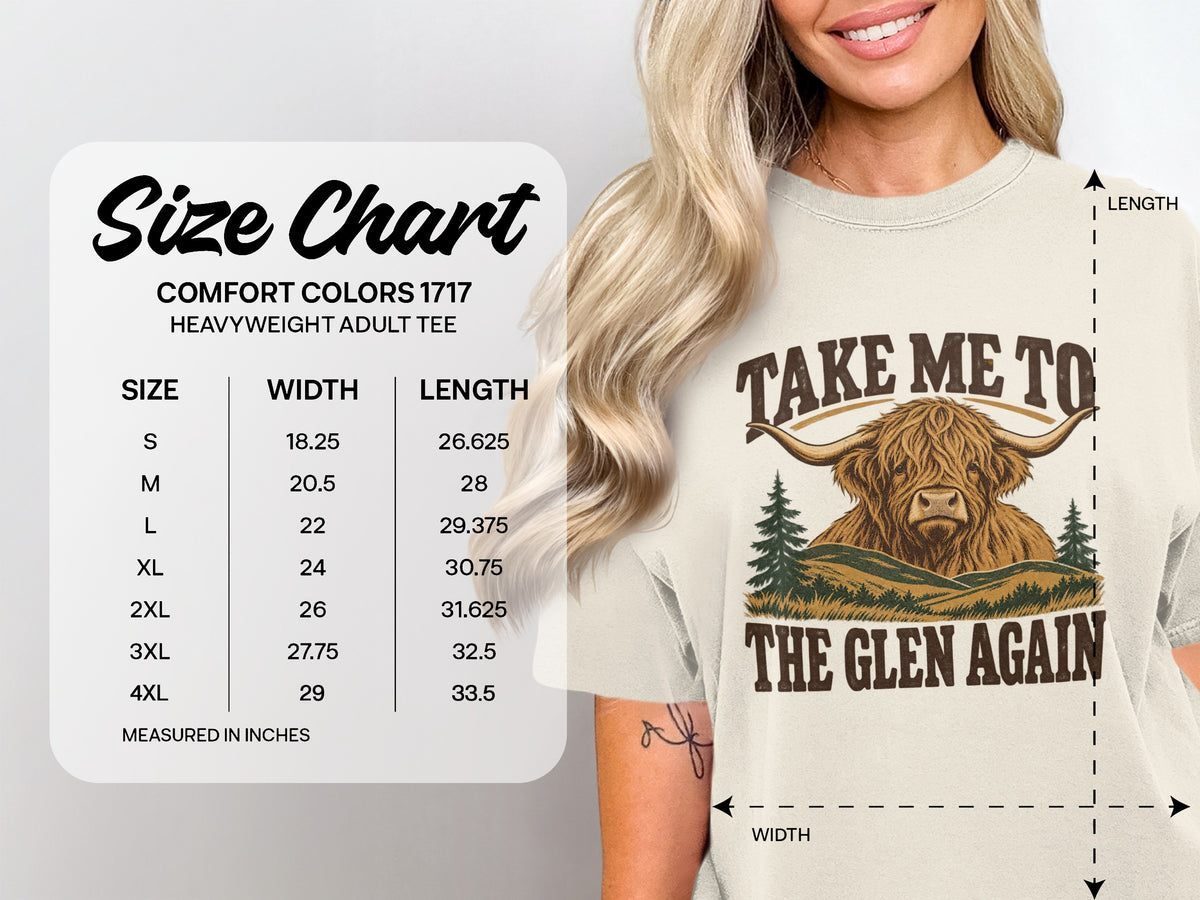 Comfort Colors 1717 size chart, S–4XL, for the Take Me to the Glen Again Highland cow T-shirt