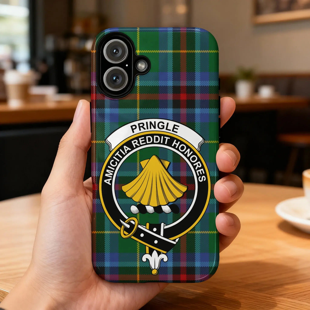Clan Pringle tartan phone case — full 3D wrap with Amicitia Reddit Honores crest, glossy finish