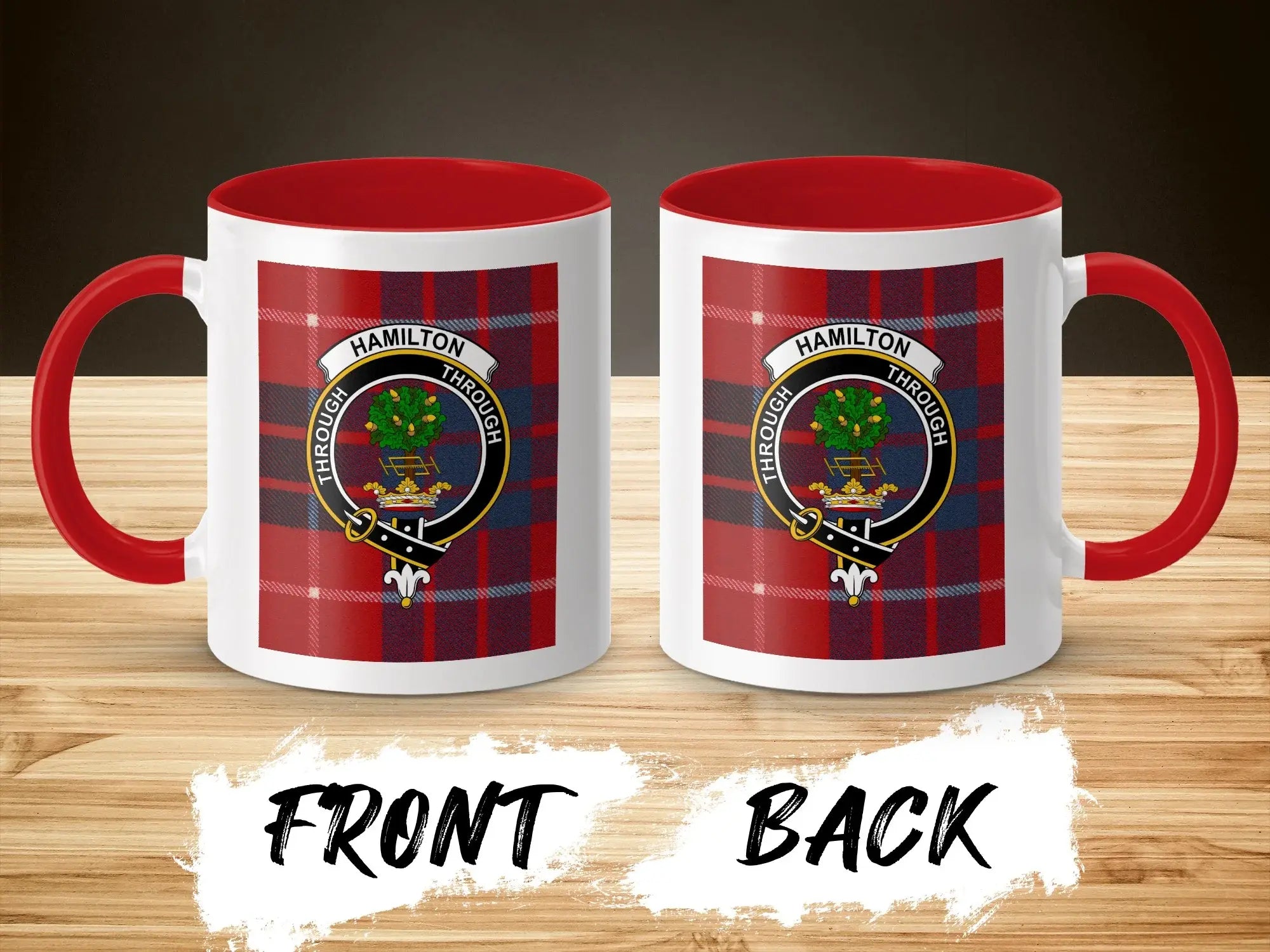 Hamilton Through and Through tartan design mug — glossy white ceramic with red handle