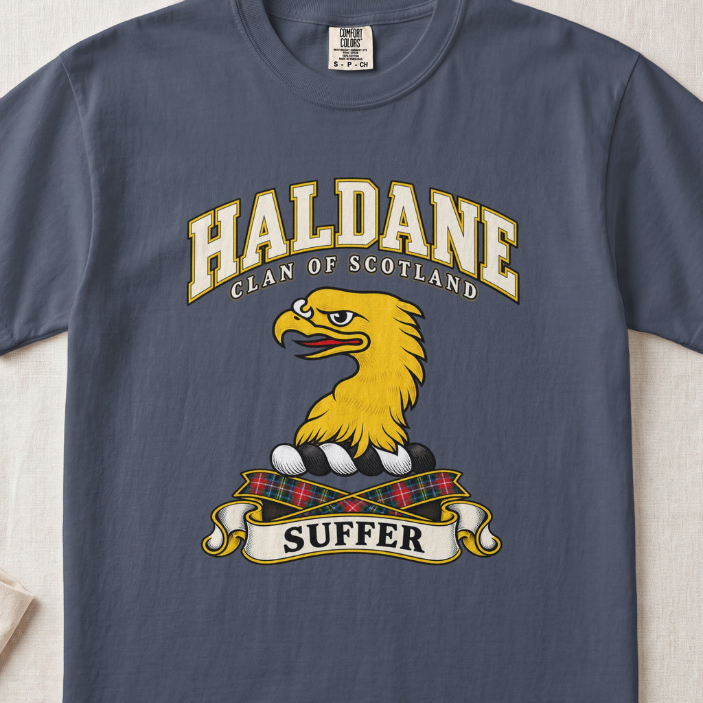 Haldane Scottish clan T-shirt in Midnight, front view with a gold eagle head and motto design.