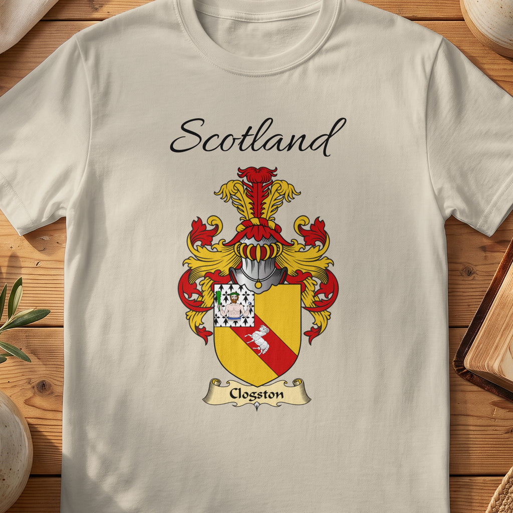 Sand Clogston Scottish family shield T-shirt featuring a red diagonal band on gold with a patterned corner