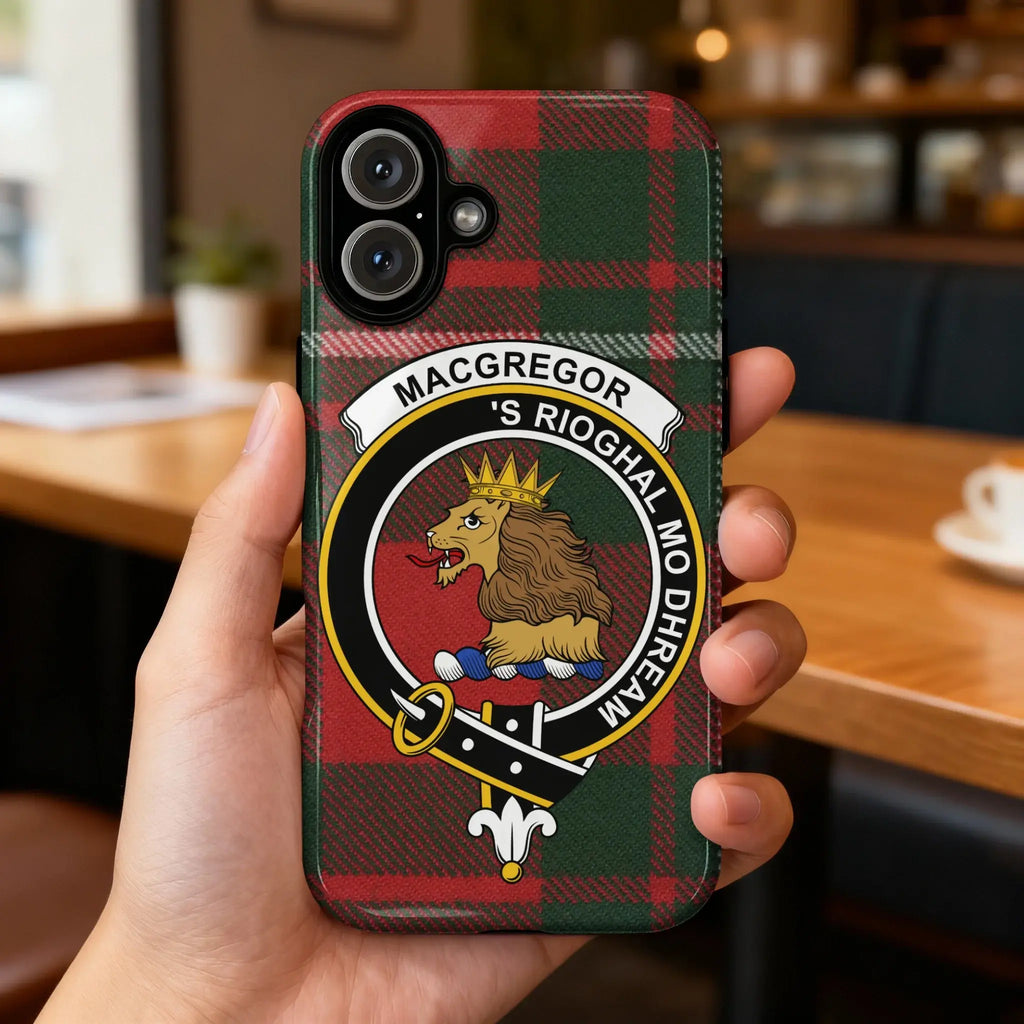 MacGregor clan tartan crest phone case cover — Royal is My Race lion heraldic design visible