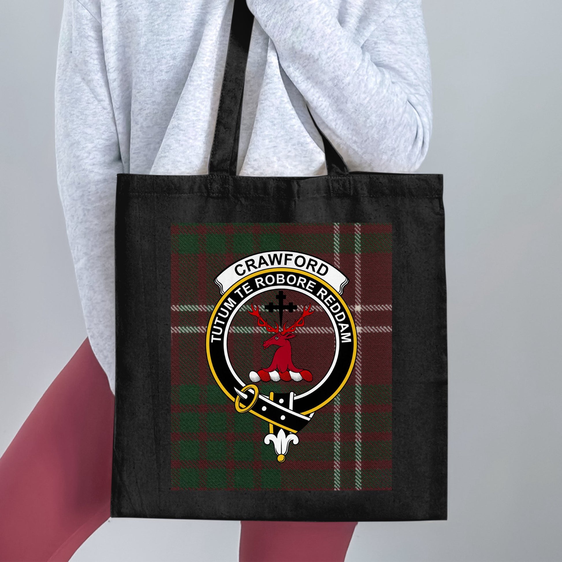 Crawford Clan Crest Tartan Background Tote Bag - Living Stone Gifts