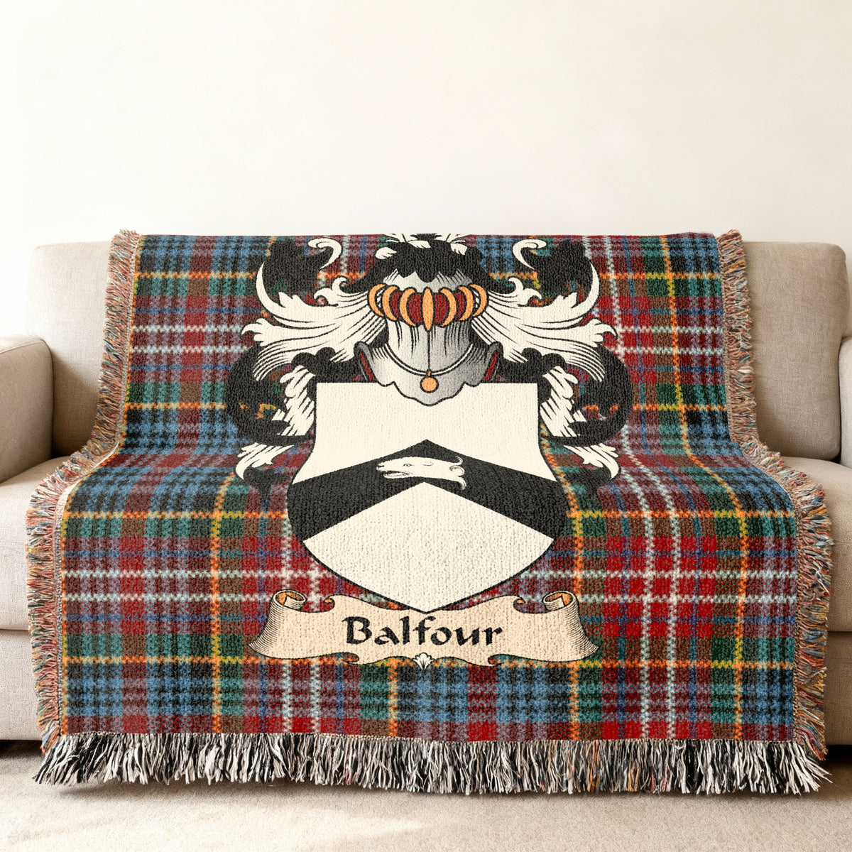 Balfour Scottish woven blanket with family shield and Caledonia tartan background
