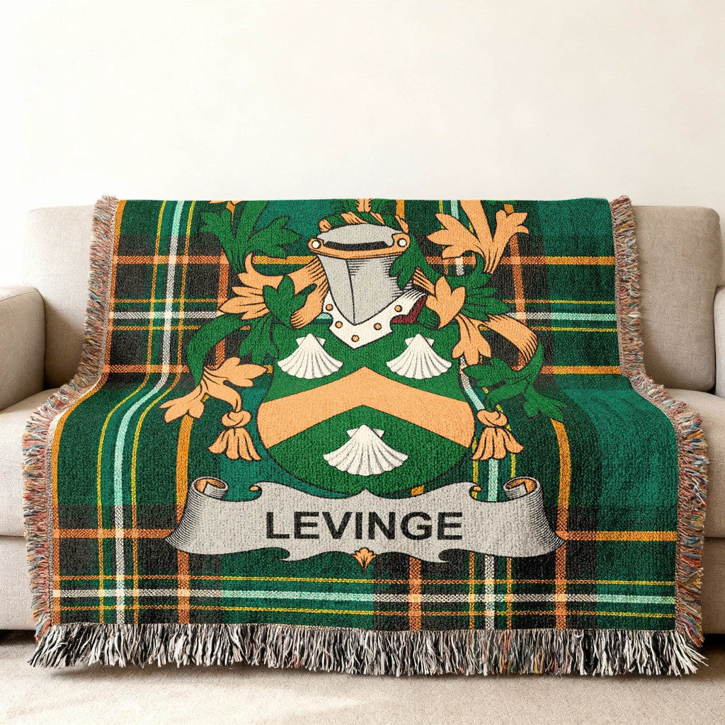 Green tartan blanket featuring the Levinge family crest.
