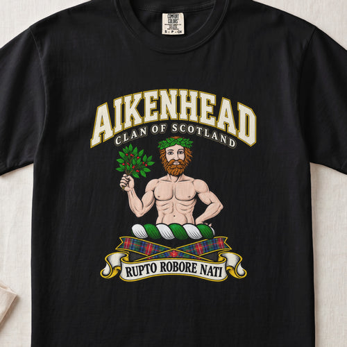 Aikenhead Scottish clan T-shirt in Black, front view with a bearded figure holding a leafy branch and motto banner.