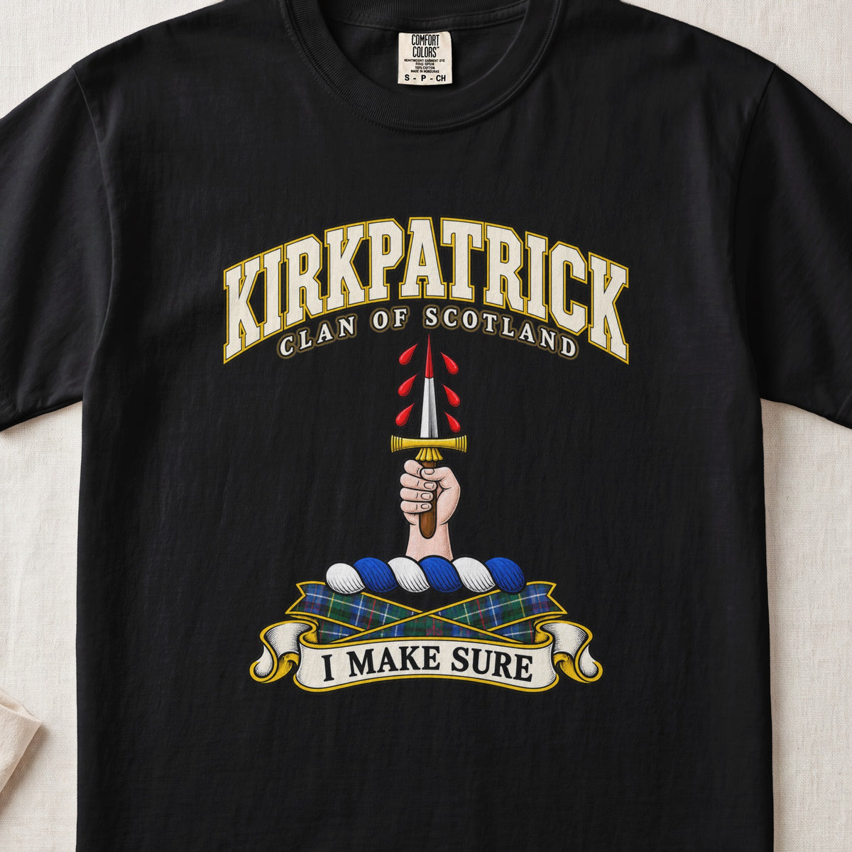Kirkpatrick Scottish clan T-shirt in Black, front view with a hand holding an upright dagger with red droplets and motto design.