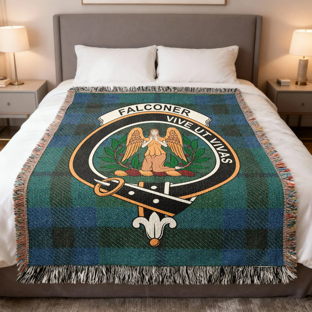 Clan Falconer tartan woven blanket — 100% cotton, full tartan pattern in woven construction