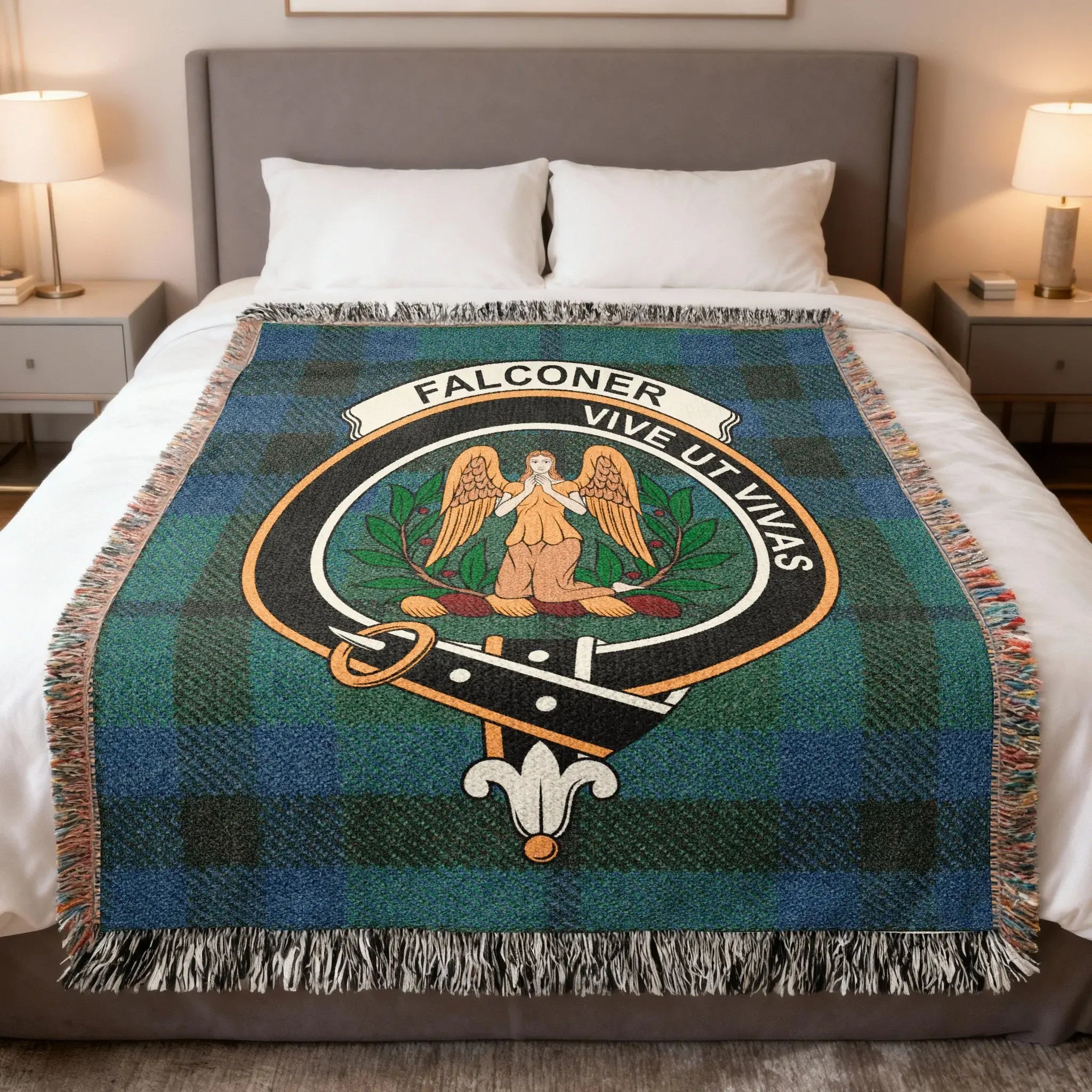 Clan Falconer tartan woven blanket — 100% cotton, full tartan pattern in woven construction