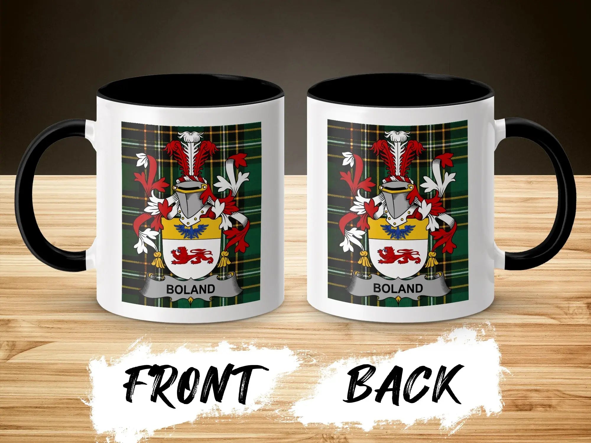 Two mugs with the BOLAND family crest on a wooden background.