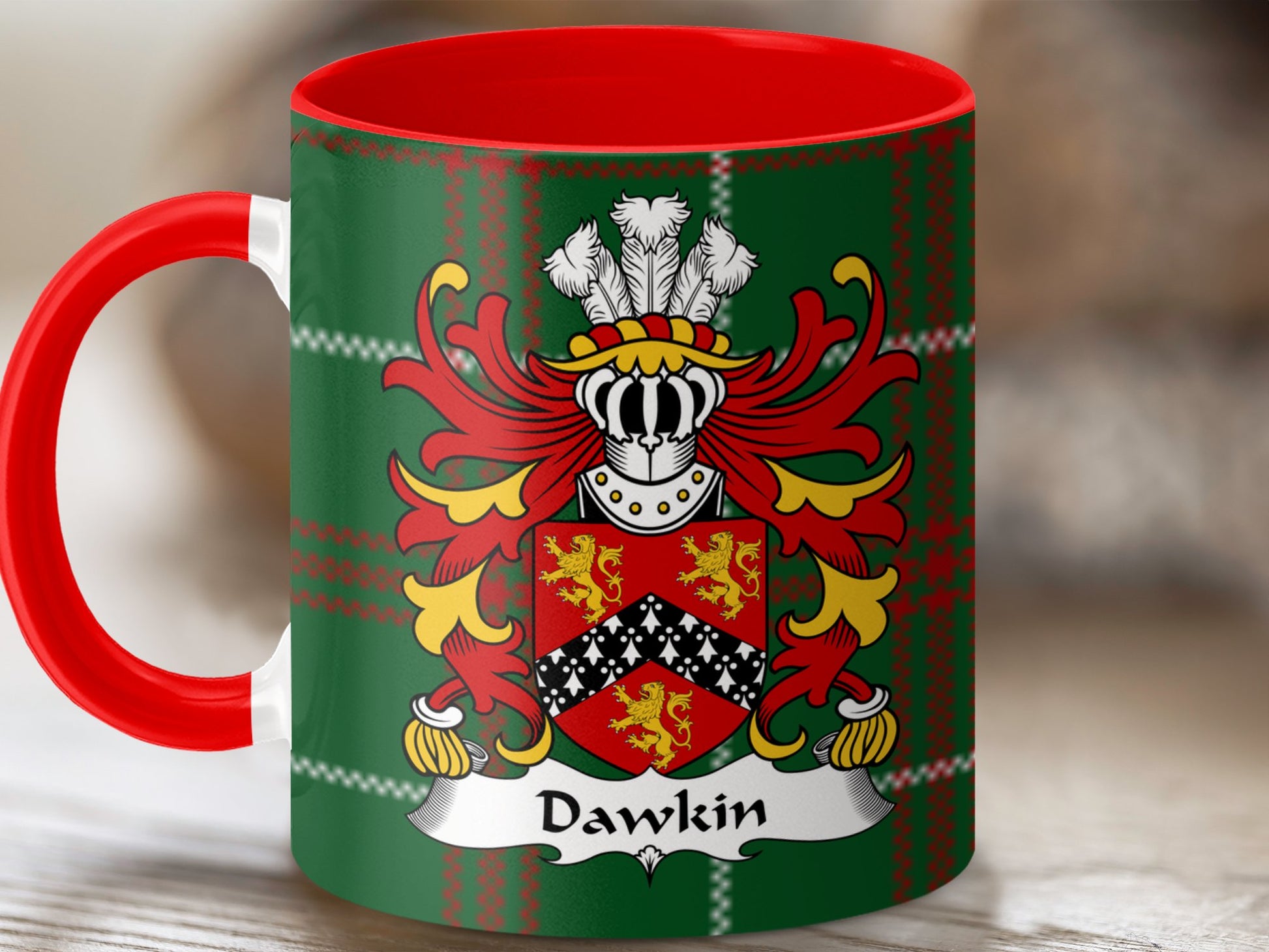 Dawkin Coat of Arms Welsh Tartan Background Mug - Living Stone Gifts