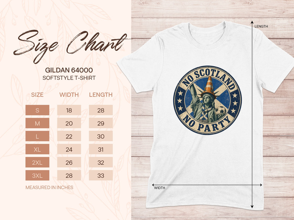 Size chart for Gildan 64000 softstyle t-shirt with product graphic.