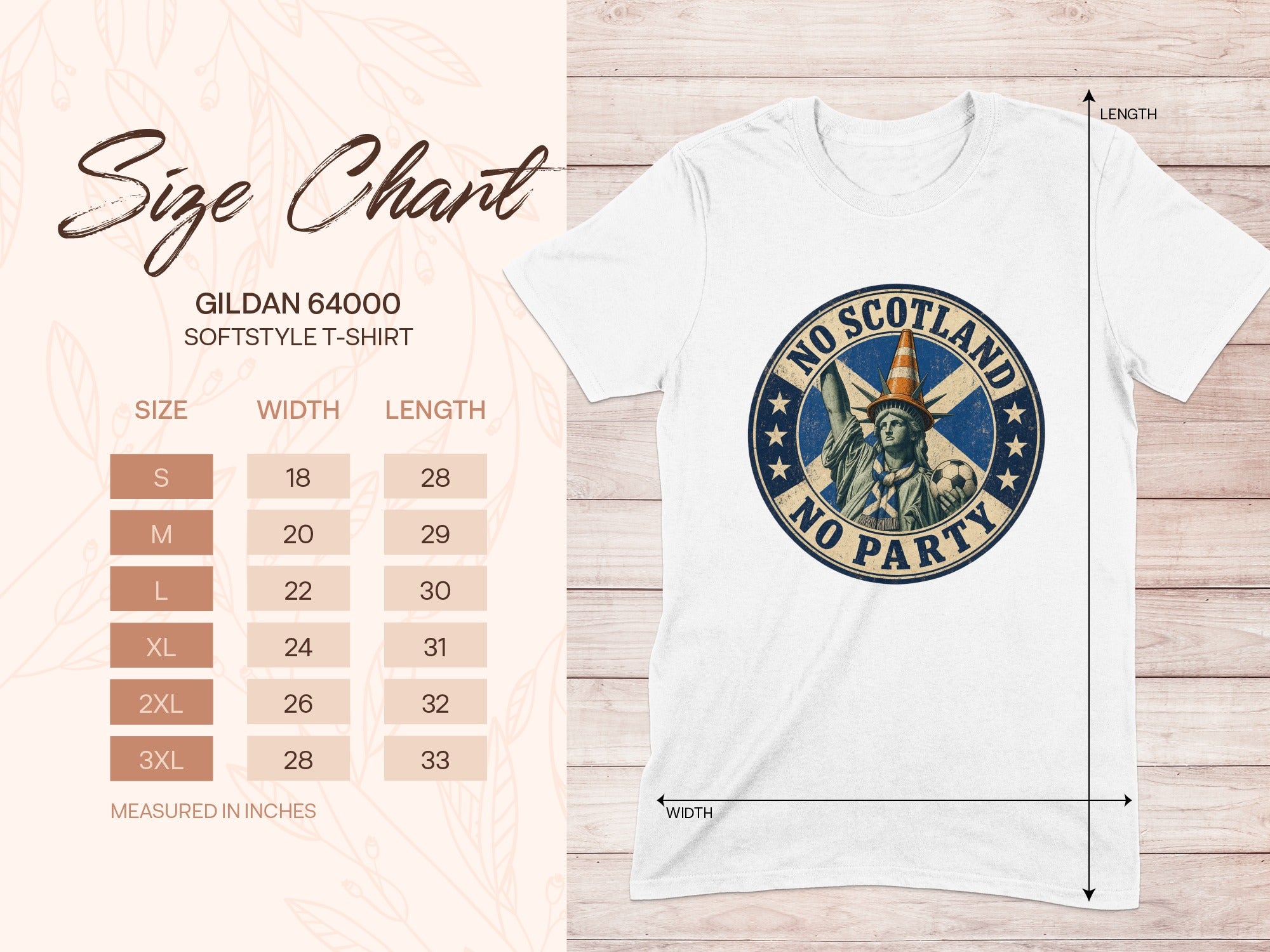 Size chart for Gildan 64000 softstyle t-shirt with product graphic.
