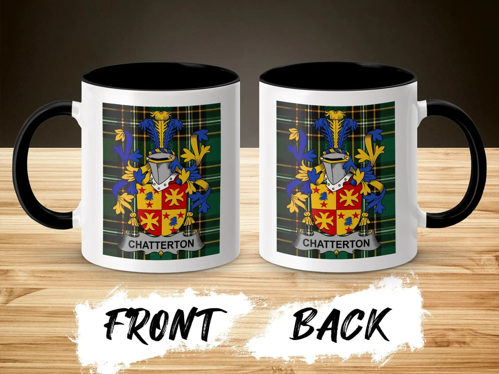 Mug with CHATTERTON coat of arms on plaid background, black interior and handle.