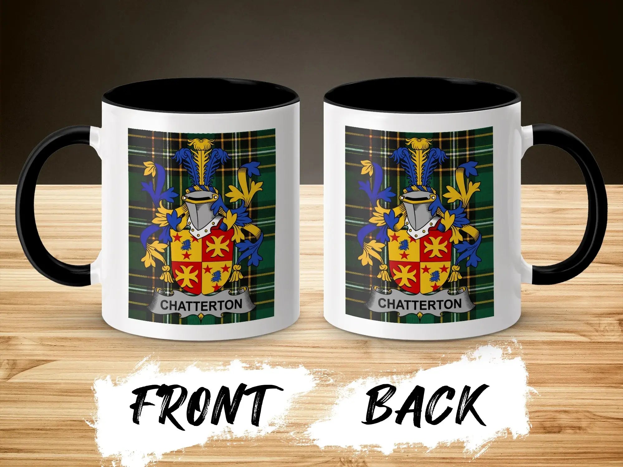 Mug with CHATTERTON coat of arms on plaid background, black interior and handle.