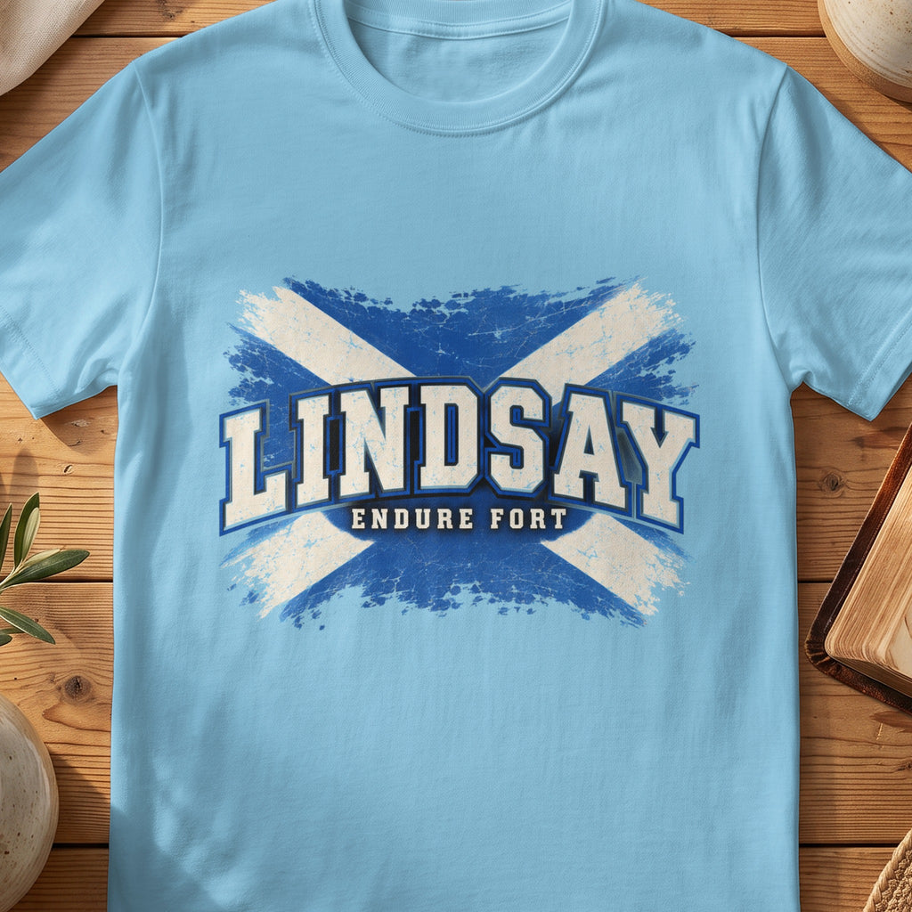Lindsay Scottish Saltire T-shirt in Sky, with distressed blue and cream flag and “Endure Fort” lettering.
