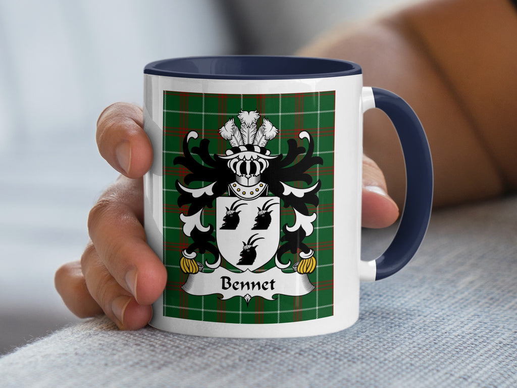 Mug with Bennet family crest on green tartan background.