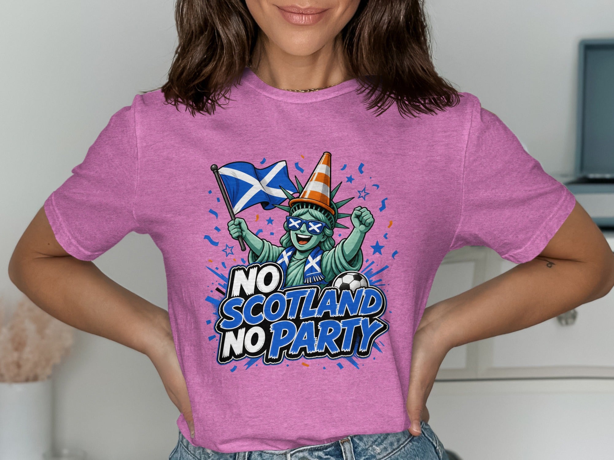 Statue of Liberty with Scotland flag and text "NO SCOTLAND NO PARTY".