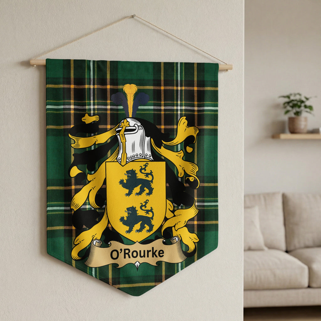 O'Rourke family crest on green tartan banner hanging on wall.