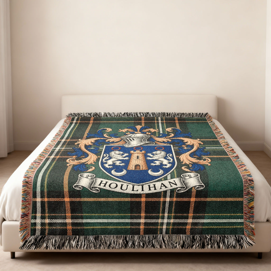 Houlihan Irish National Tartan family crest woven throw displayed in a home setting