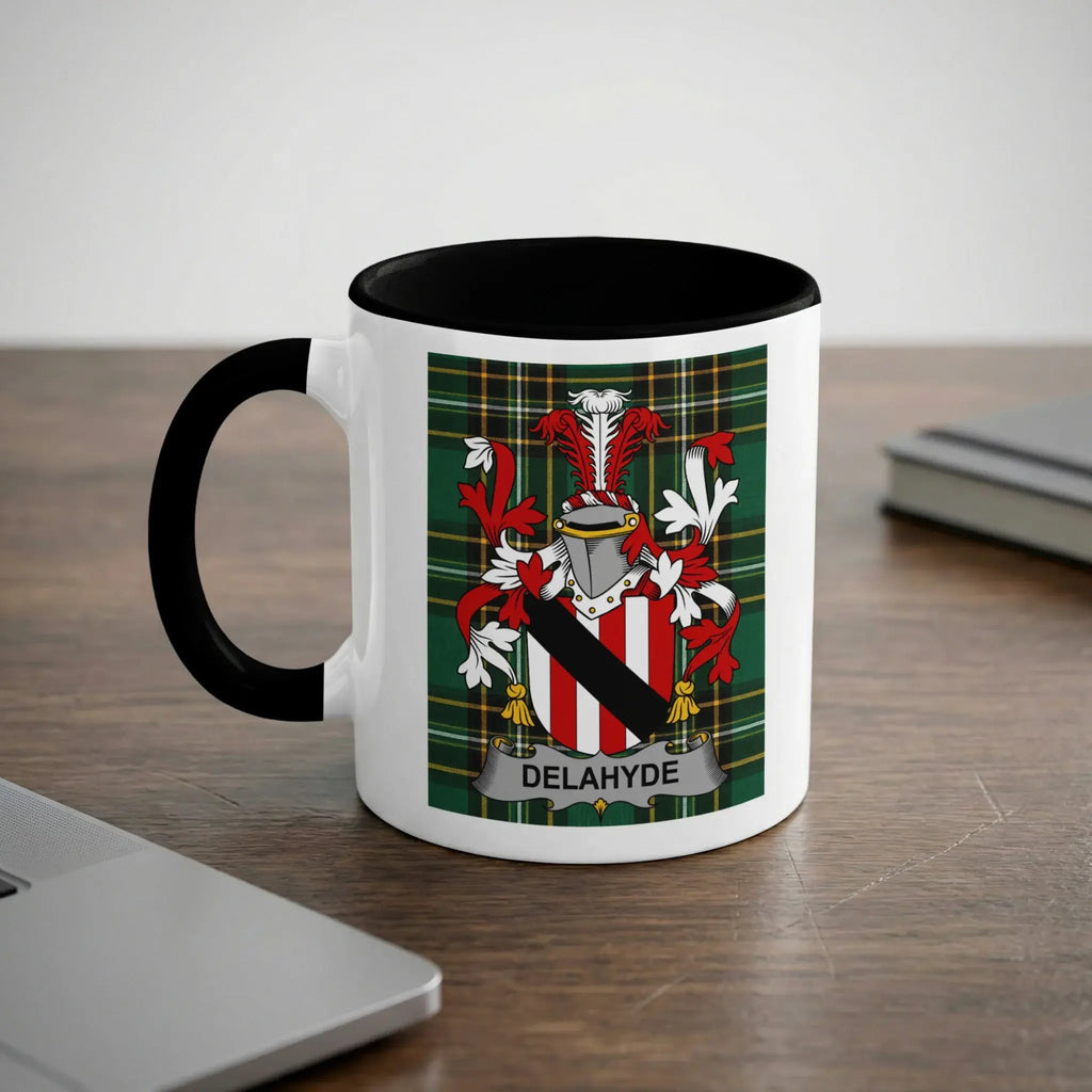 Mug featuring the DELAHYDE family crest on a tartan background.