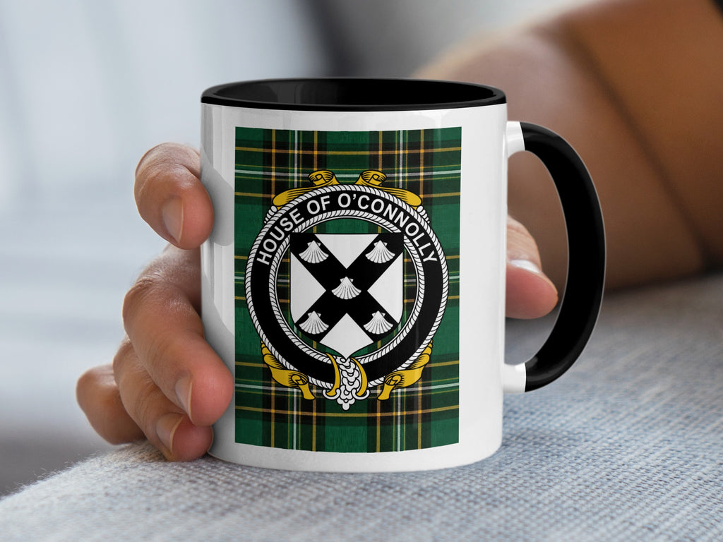 O'Connolly Irish National Tartan mug with family crest emblem