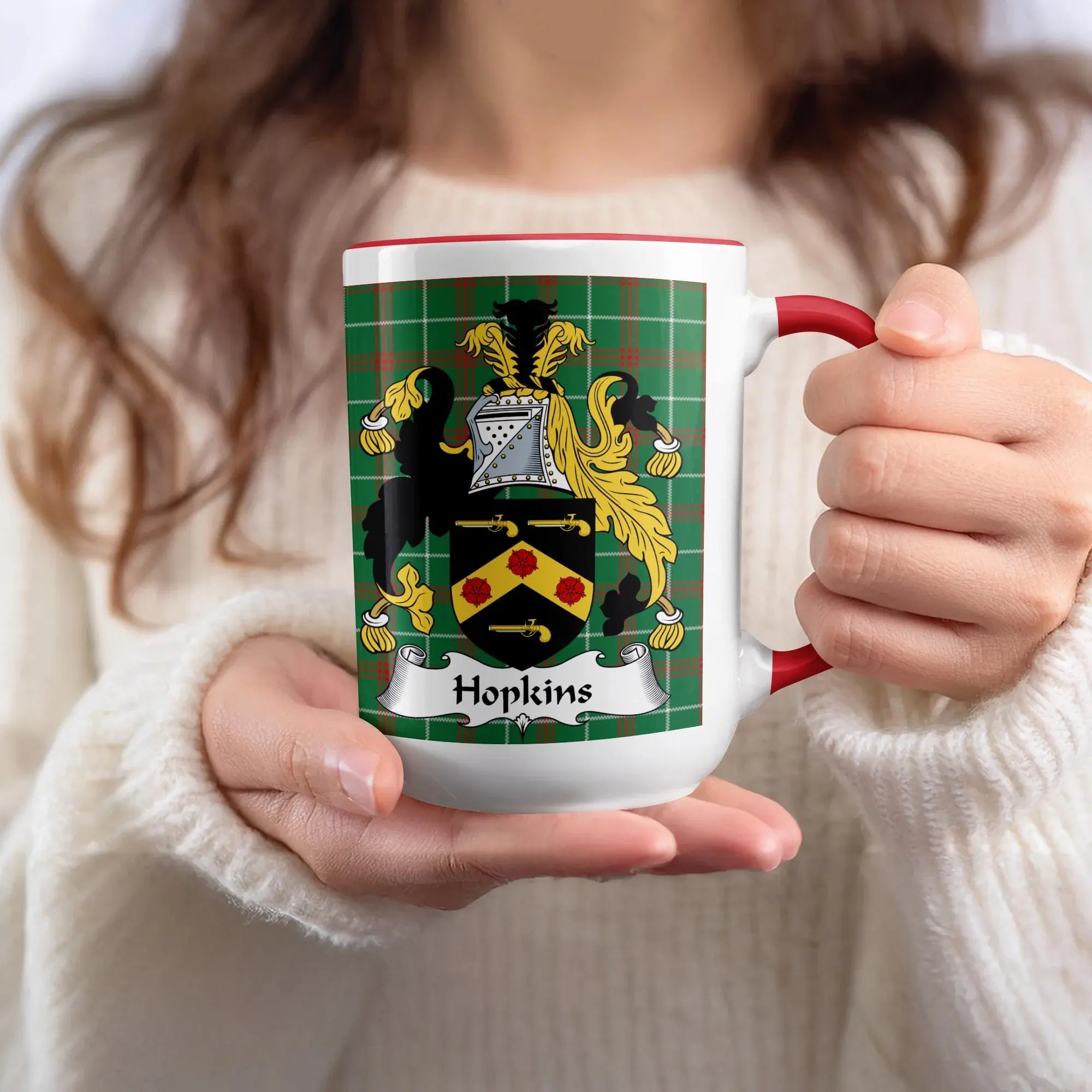 Hopkins Welsh family name mug with red accent and coat of arms on tartan background